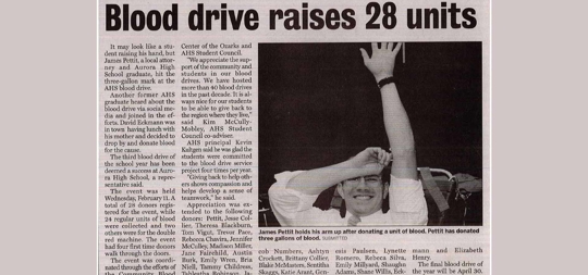 Image of newspaper with caption "Blood Drive Raises 28 Units"